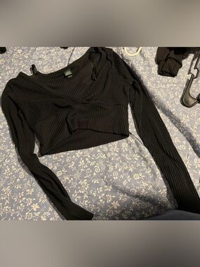 wild fable Black Ribbed Cropped Wrap Pullover